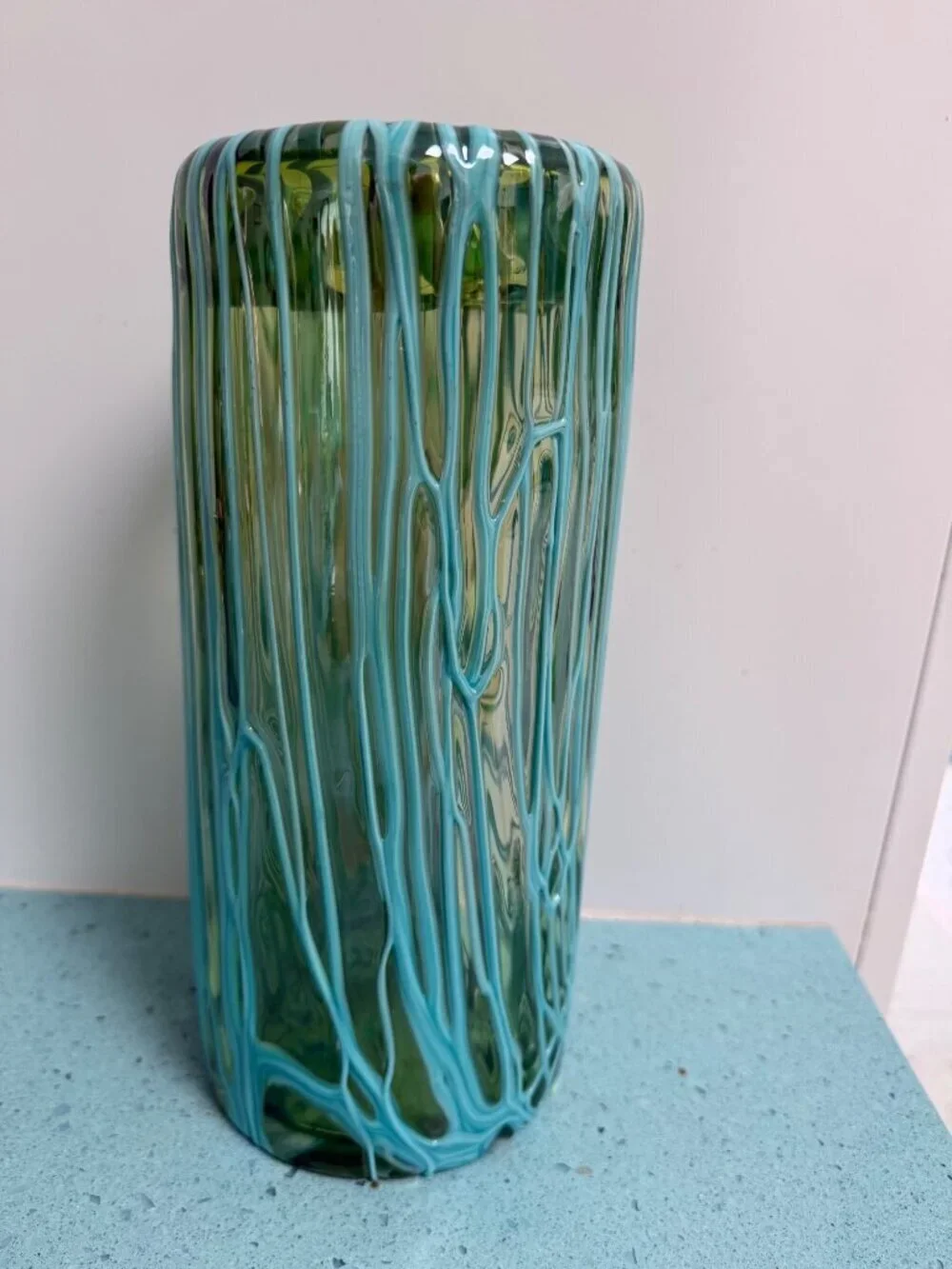 Murano Handblown Translucent Vase With Melted Threads Green Aqua Vintage